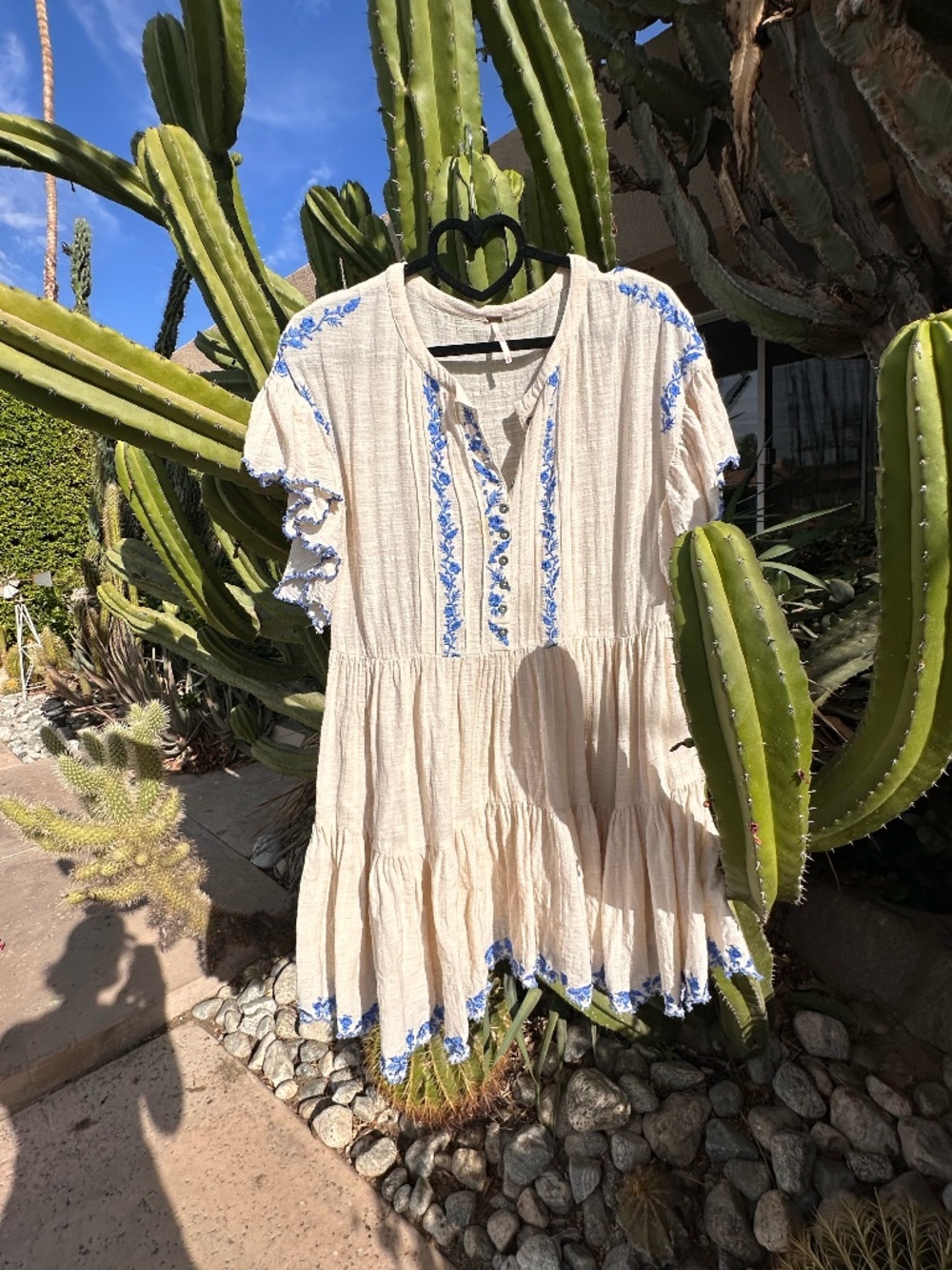 Free People Ivory Cream Blue Floral Embroidered Tiered Tunic Mini Dress XS